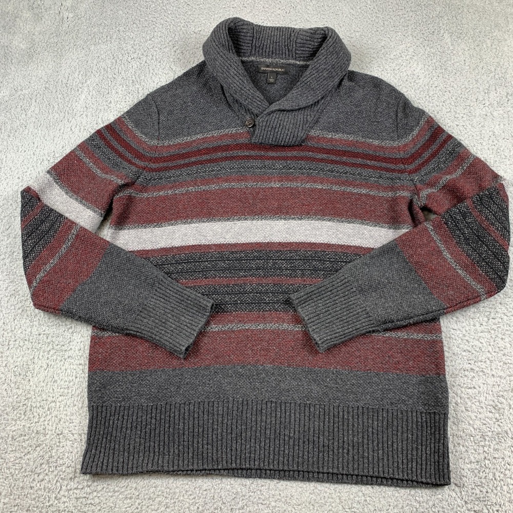 Banana Republic Shawl Collar Sweater Men Large Grey Burgundy Striped Merino Wool